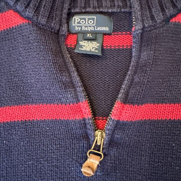 Polo‎ Ralph Lauren Sz XL Quarter Zip Blue Red Stripe 100% Cotton - Picture 3 of 11